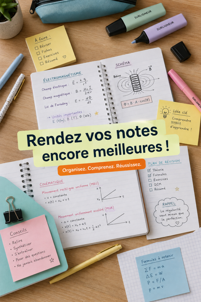 Un étudiant prenant des notes sur un cahier avec des outils colorés pour l'organisation