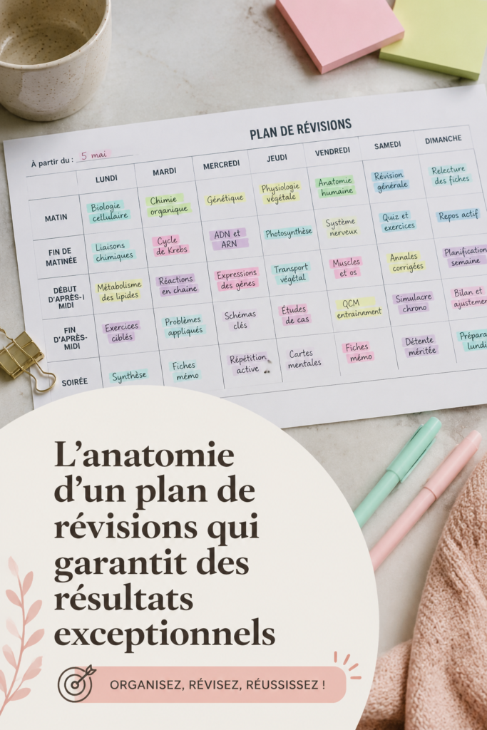 Visualisation d'un plan de révisions efficace, enseignant comment bien s'organiser pour des résultats scolaires optimaux.