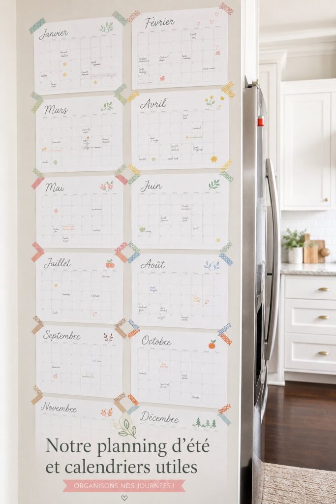 Un calendrier familial coloré et rempli d'activités estivales sur une table en bois.