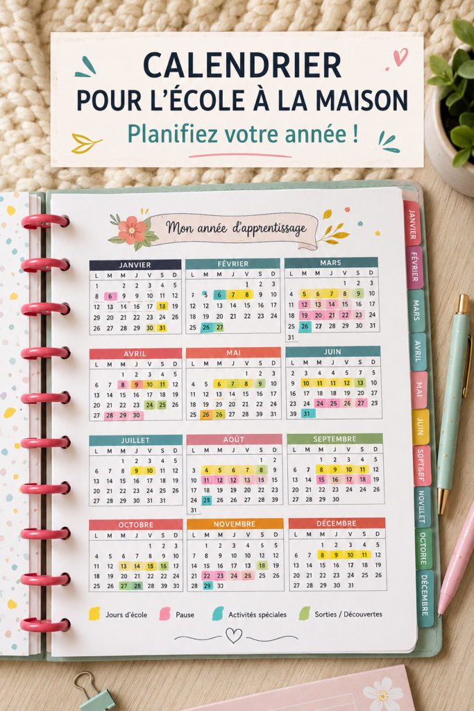 Calendrier scolaire coloré imprimé sur un bureau avec des fournitures scolaires