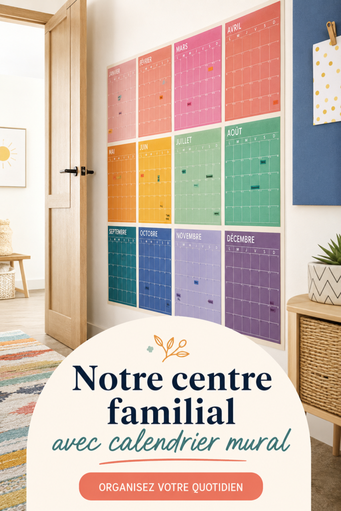 Un calendrier mural coloré et organisé dans une cuisine familiale.
