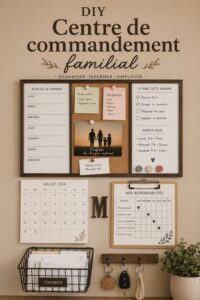 Un panneau d'organisation familial en bois décoré de calendriers et de notes.