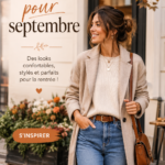Une femme portant une tenue tendance pour septembre, élégante et confortable, adaptée à la rentrée.