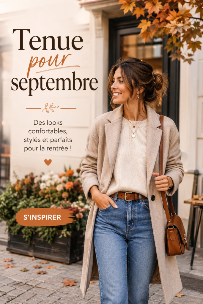 Une femme portant une tenue tendance pour septembre, élégante et confortable, adaptée à la rentrée.