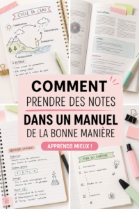 Un élève prenant des notes à partir d'un manuel scolaire avec un stylo et un cahier.