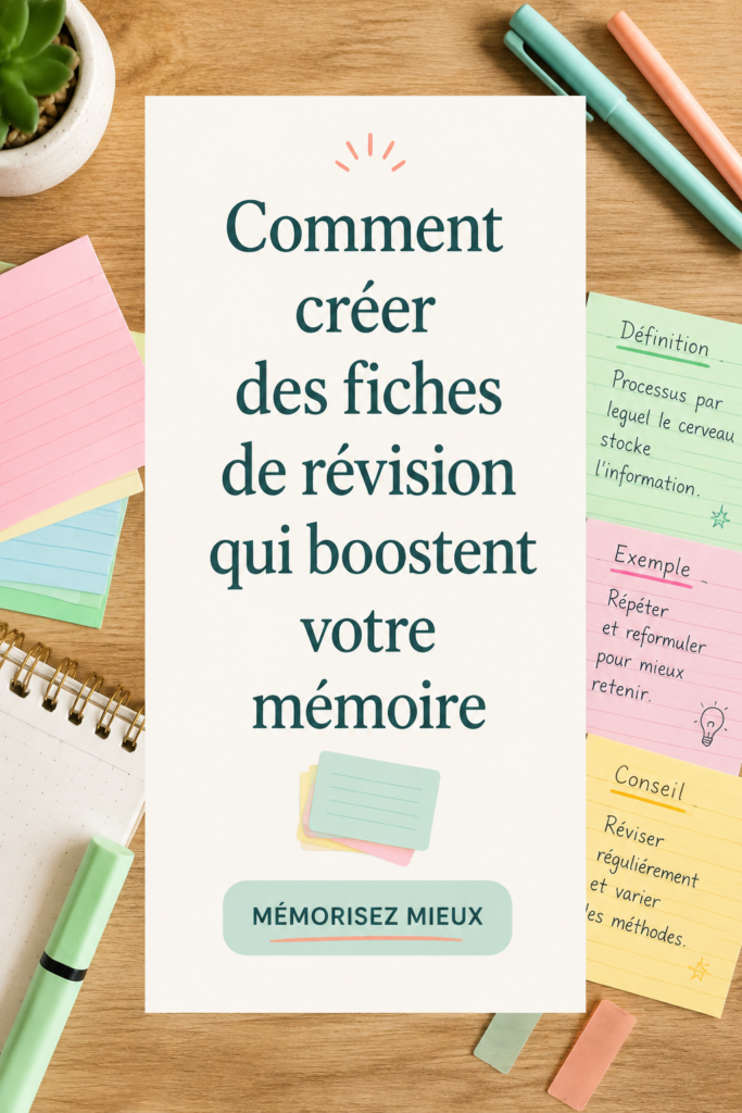 Une série de flashcards colorées disposées sur une table, représentant un outil efficace de révision.