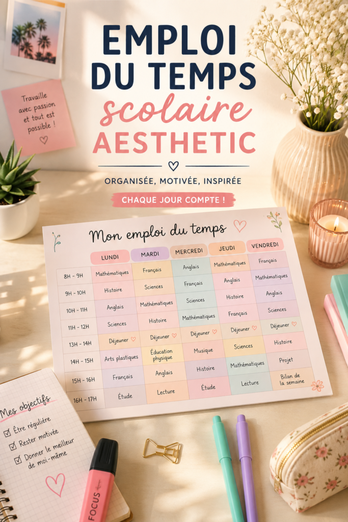 Un emploi du temps scolaire esthétique avec des couleurs vives et des illustrations ludiques.