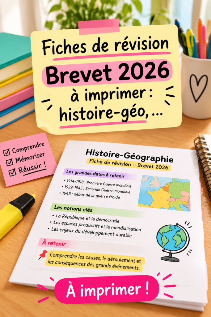 Fiches de révision à imprimer pour le Brevet 2026 avec des notes d'histoire et de géographie.