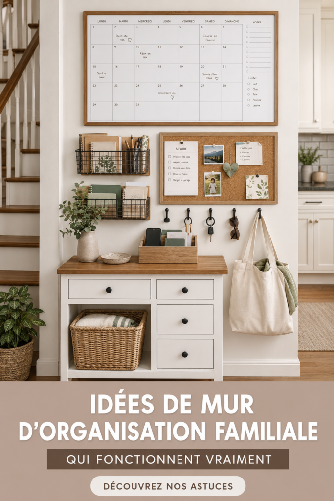 Un mur d'organisation familiale coloré avec des calendriers et des notes.