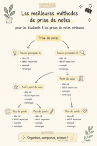 Étudiant prenant des notes avec un carnet et un stylo dans une salle de classe.