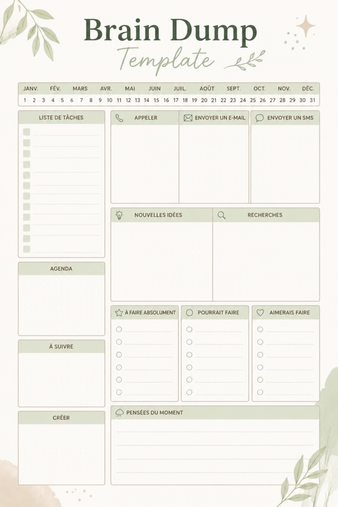 Un modèle de brain dump avec des listes de tâches bien organisées sur un bureau.