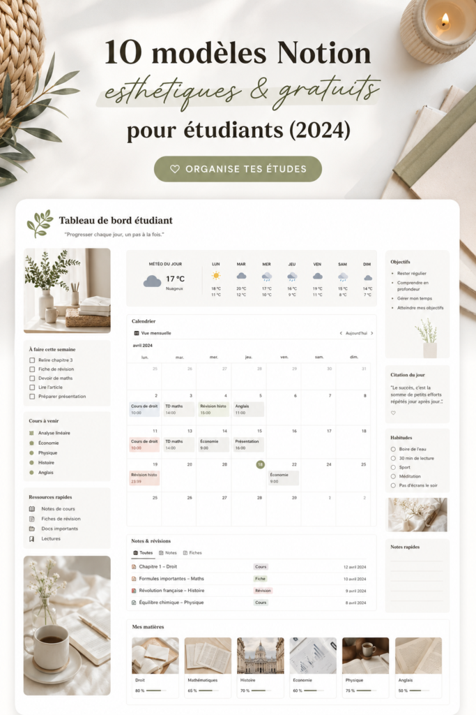 Capture d'écran de modèles Notion esthétiques pour étudiants.