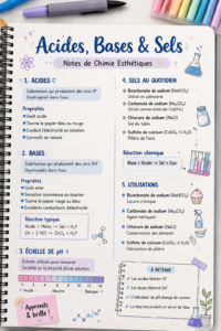 Notes de chimie sur les acides, bases et sels esthétiquement présentées