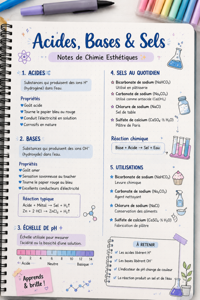 Notes de chimie sur les acides, bases et sels esthétiquement présentées