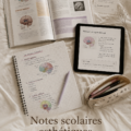 Image de notes scolaires esthétiques sur un bureau avec des fournitures colorées.