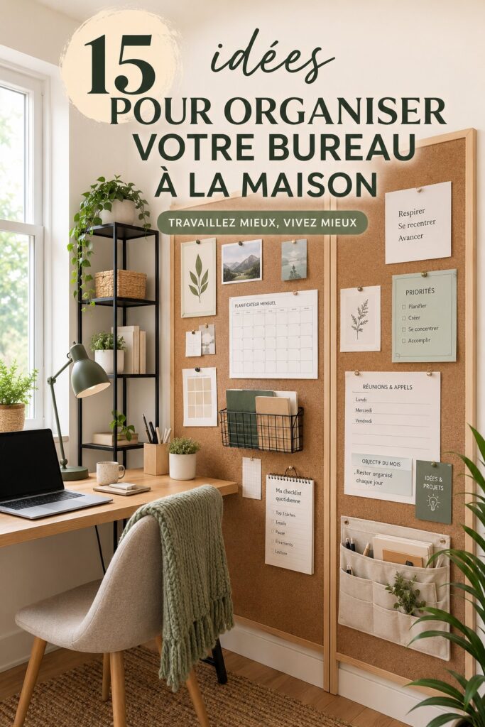 Bureau à domicile organisé et inspirant avec des accessoires de rangement.