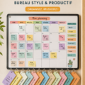 Un bureau d'enfants bien organisé avec des fournitures scolaires colorées et un espace de travail accueillant.