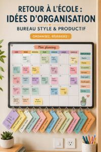 Un bureau d'enfants bien organisé avec des fournitures scolaires colorées et un espace de travail accueillant.