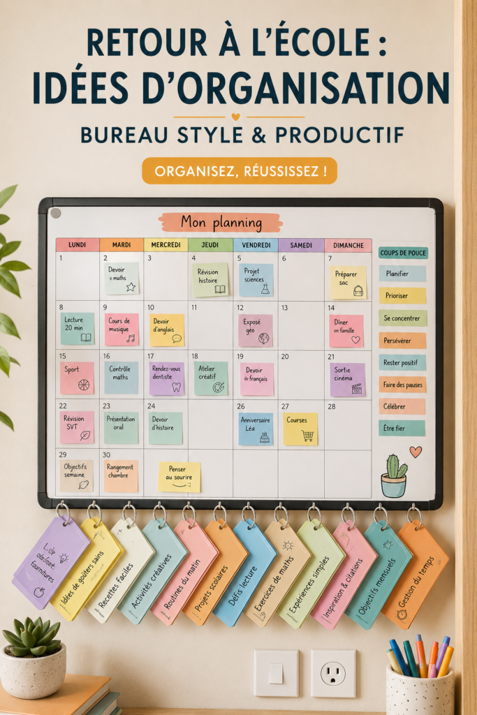 Un bureau d'enfants bien organisé avec des fournitures scolaires colorées et un espace de travail accueillant.