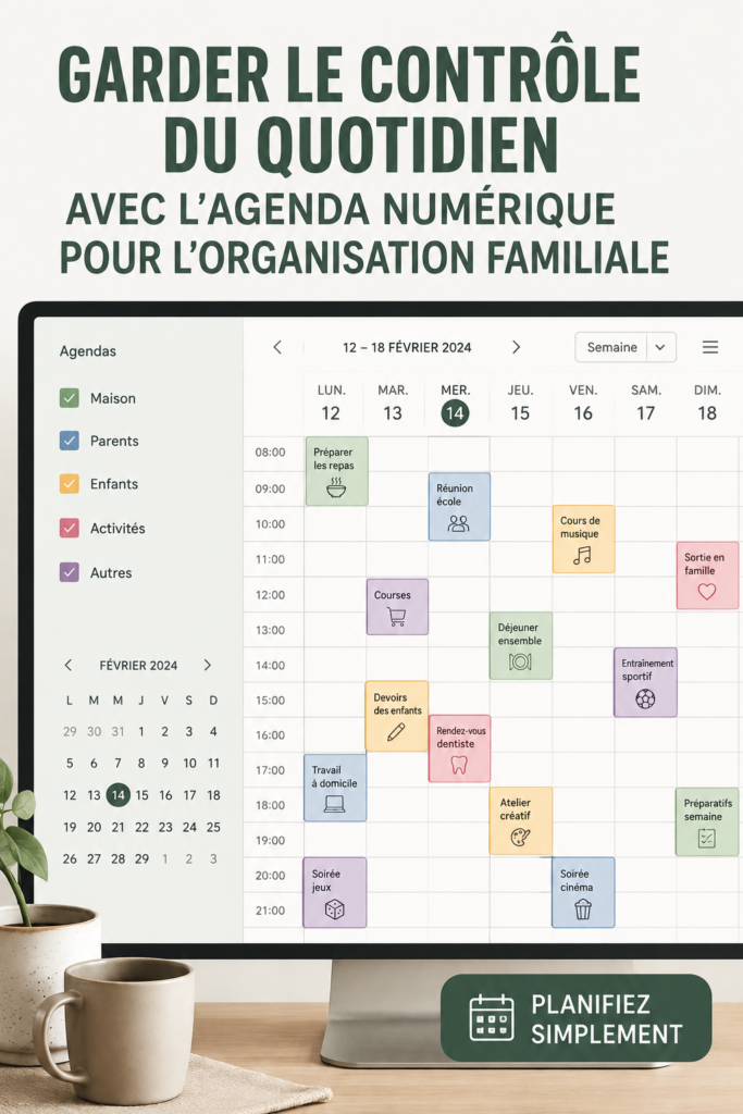 Une famille utilisant Google Calendar sur des appareils numériques pour s'organiser.