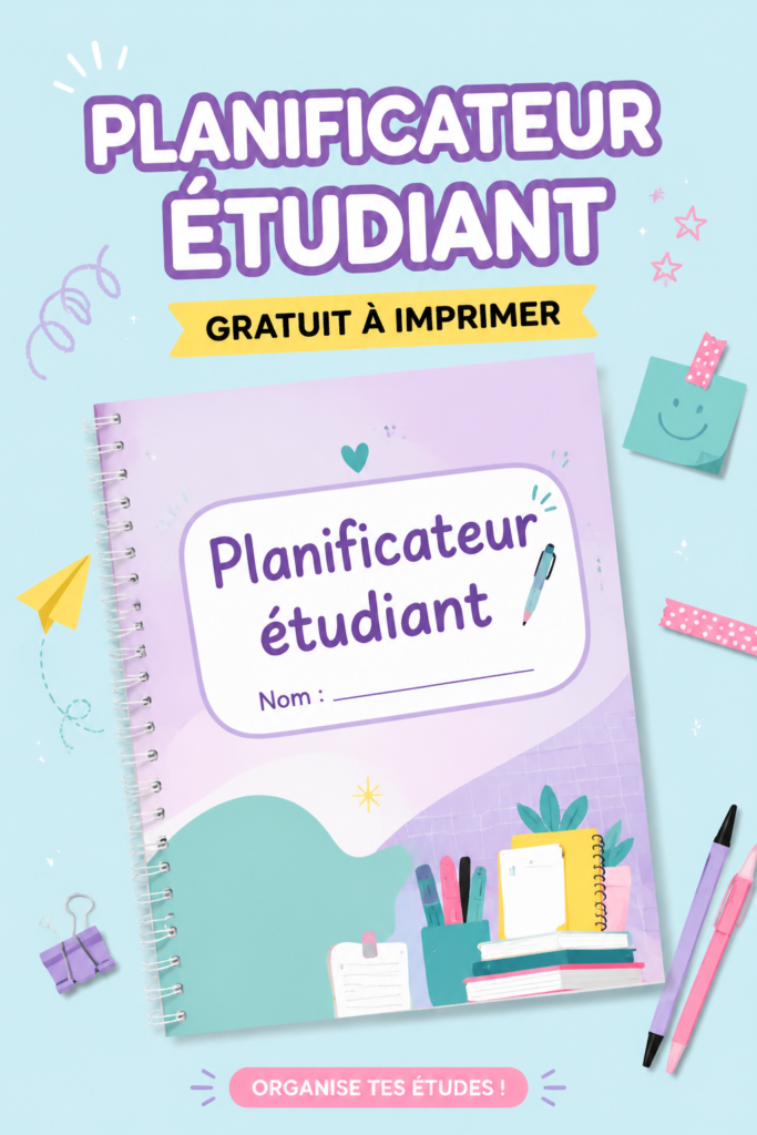 Planificateur d'études imprimable gratuit avec des sections pour l'organisation des devoirs et des révisions.