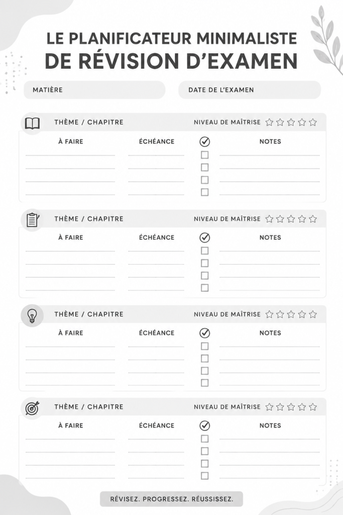 Un planner minimaliste ouvert sur un bureau avec des stylos et des notes de révision.