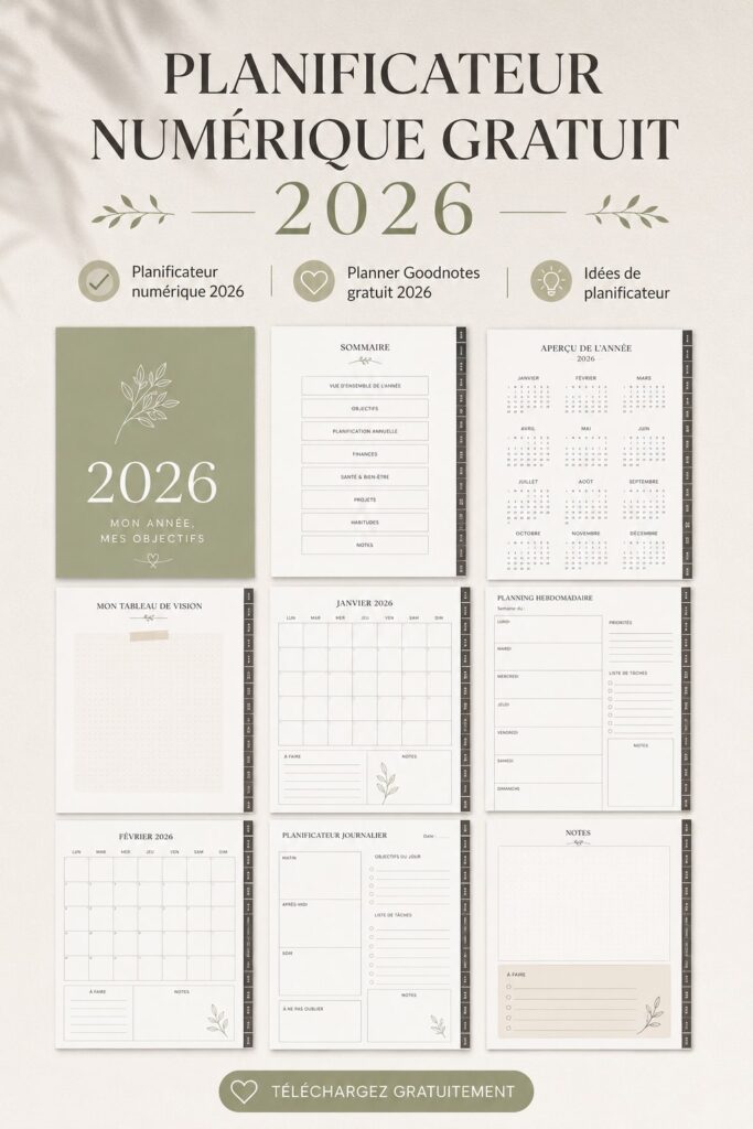 Capture d'écran d'un planner digital pour 2026 avec des tâches organisées.