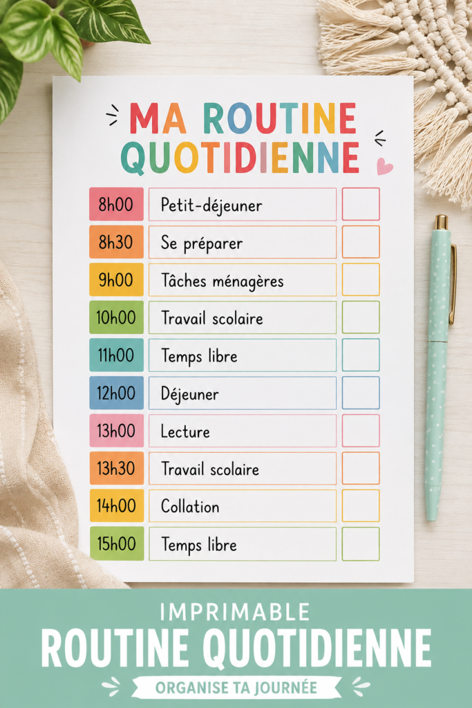 Modèle de planning quotidien imprimable avec des sections pour les activités de la journée