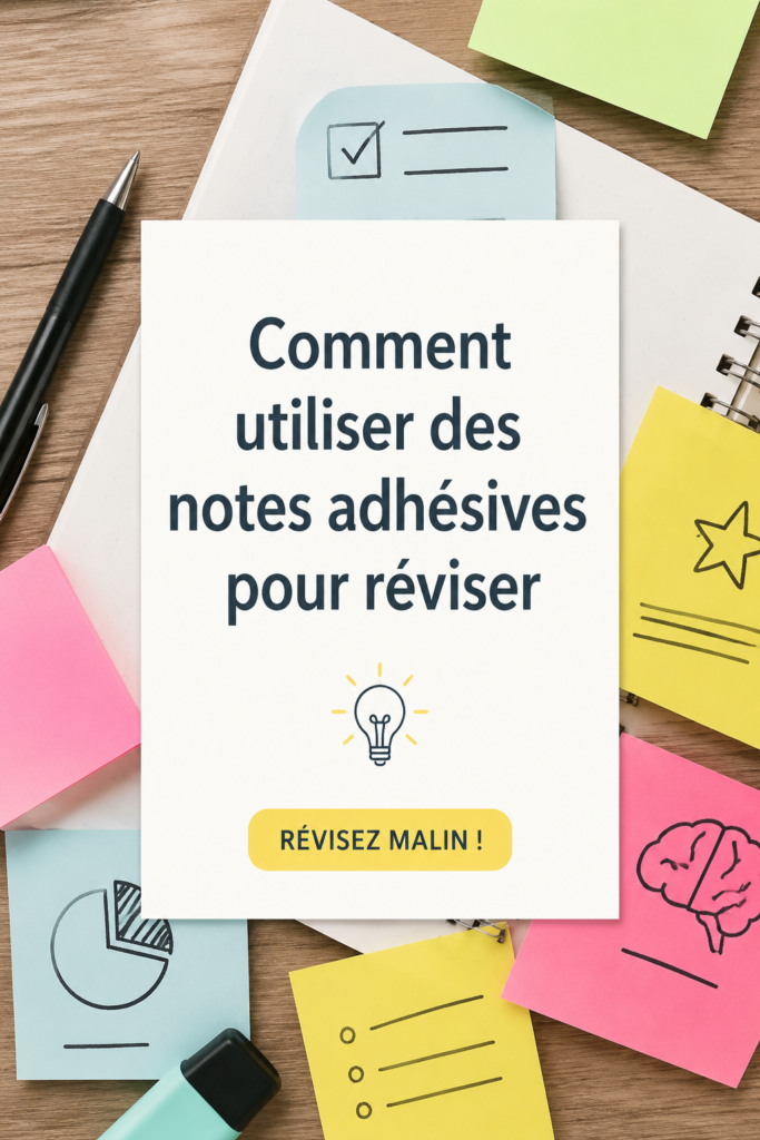 Post-it colorés sur un bureau avec des notes de révision.
