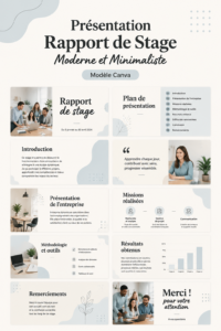 Un modèle de présentation moderne et minimaliste pour un rapport de stage sur Canva, affichant un design attractif et professionnel.
