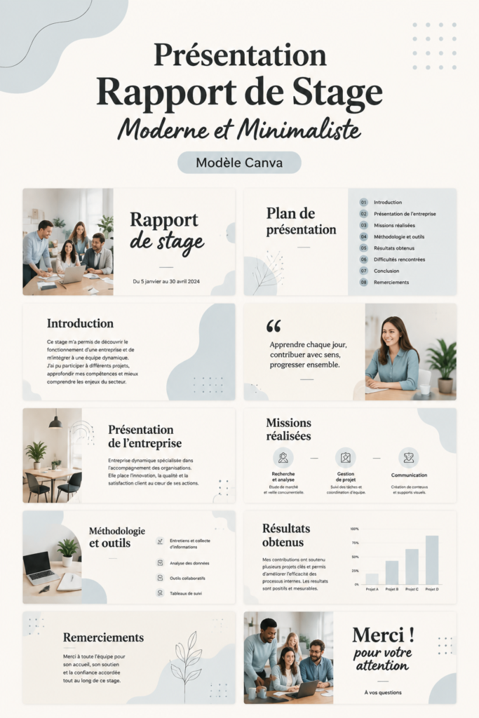 Un modèle de présentation moderne et minimaliste pour un rapport de stage sur Canva, affichant un design attractif et professionnel.