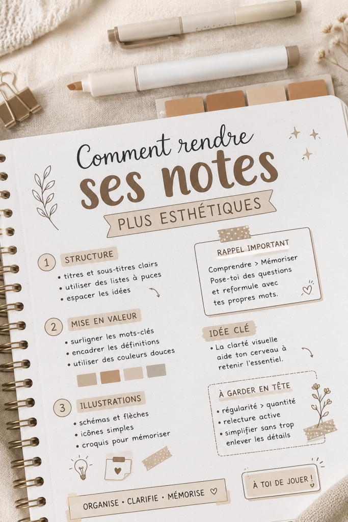 Un étudiant prend des notes colorées avec des stylos variés sur un bureau