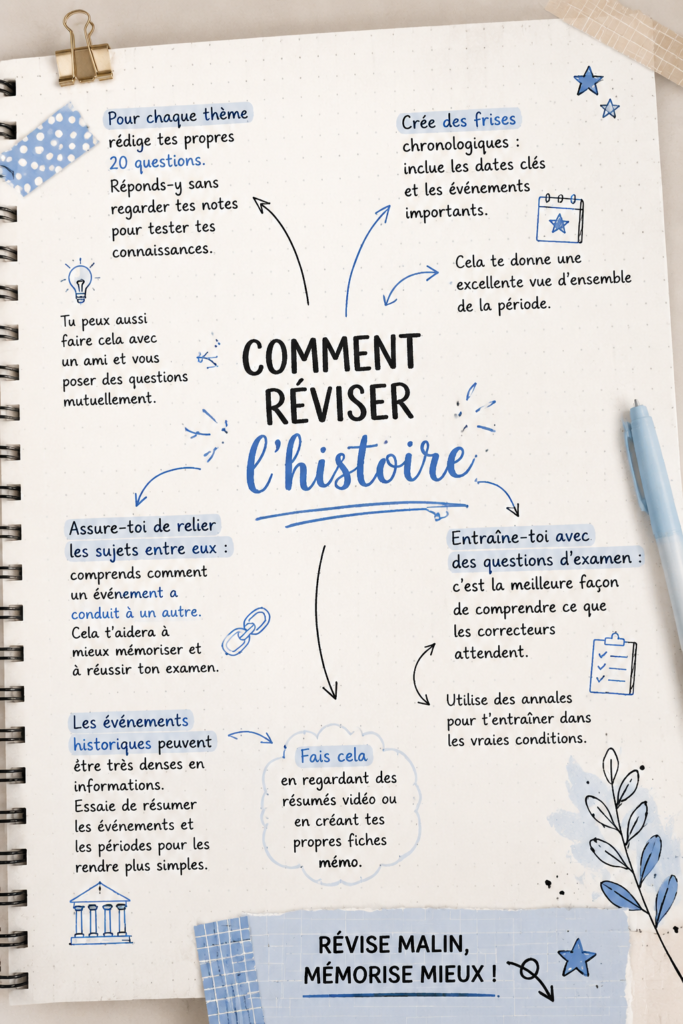 Un élève révisant l'histoire avec des livres et des fiches de révision.