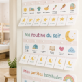 Tableau de routine matinale pour enfants avec des dessins colorés et des activités.