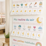 Tableau de routine matinale pour enfants avec des dessins colorés et des activités.