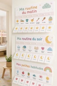 Tableau de routine matinale pour enfants avec des dessins colorés et des activités.