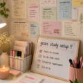 Espace d'étude bien organisé pour les révisions des GCSEs.