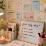 Espace d'étude bien organisé pour les révisions des GCSEs.