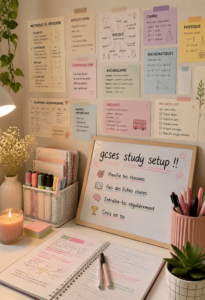 Espace d'étude bien organisé pour les révisions des GCSEs.