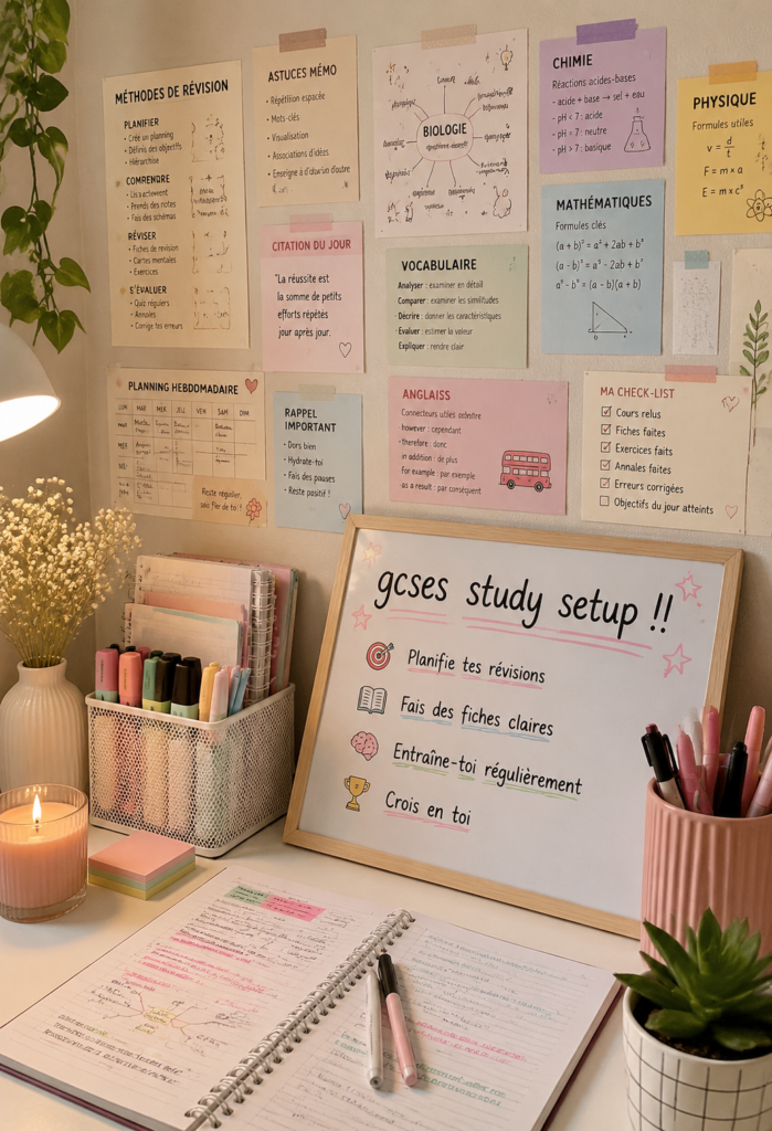 Espace d'étude bien organisé pour les révisions des GCSEs.