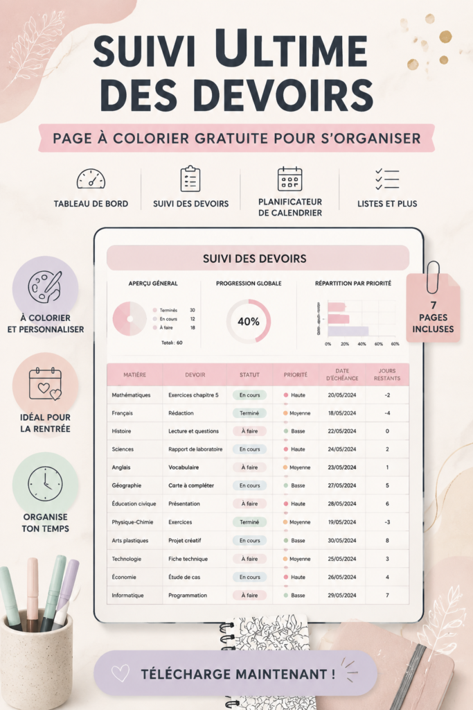 Page à colorier gratuite pour organiser les devoirs scolaires