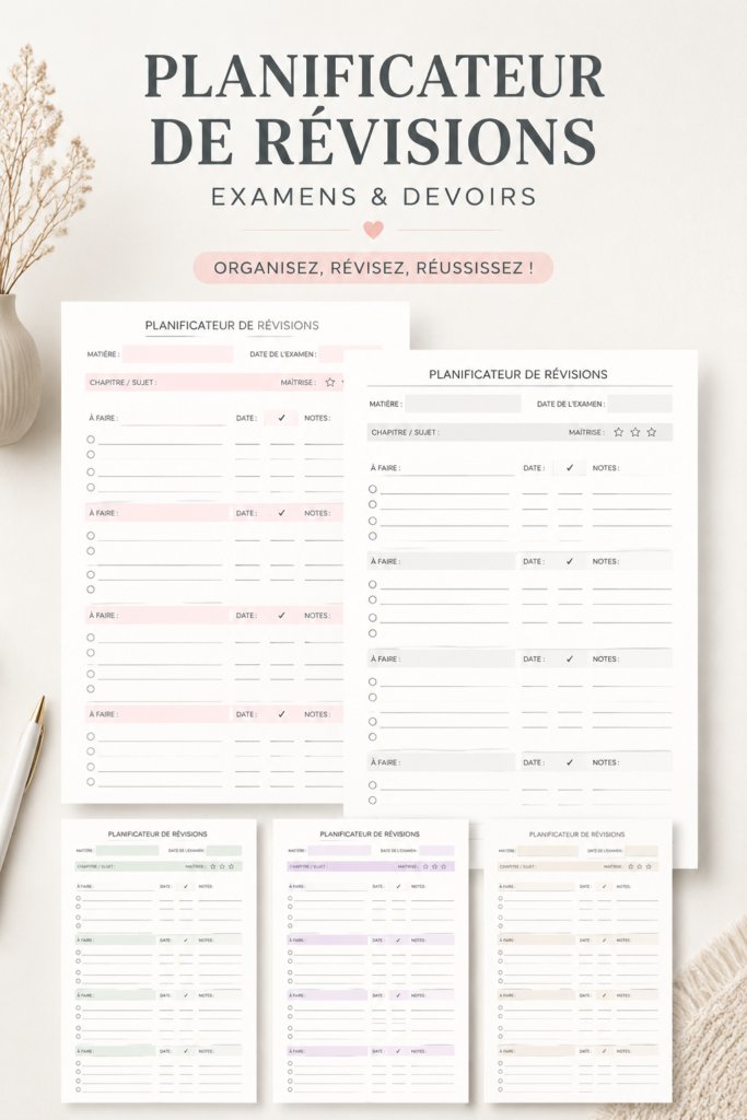 Supports de révision imprimables présentés sur un bureau d'étudiant.