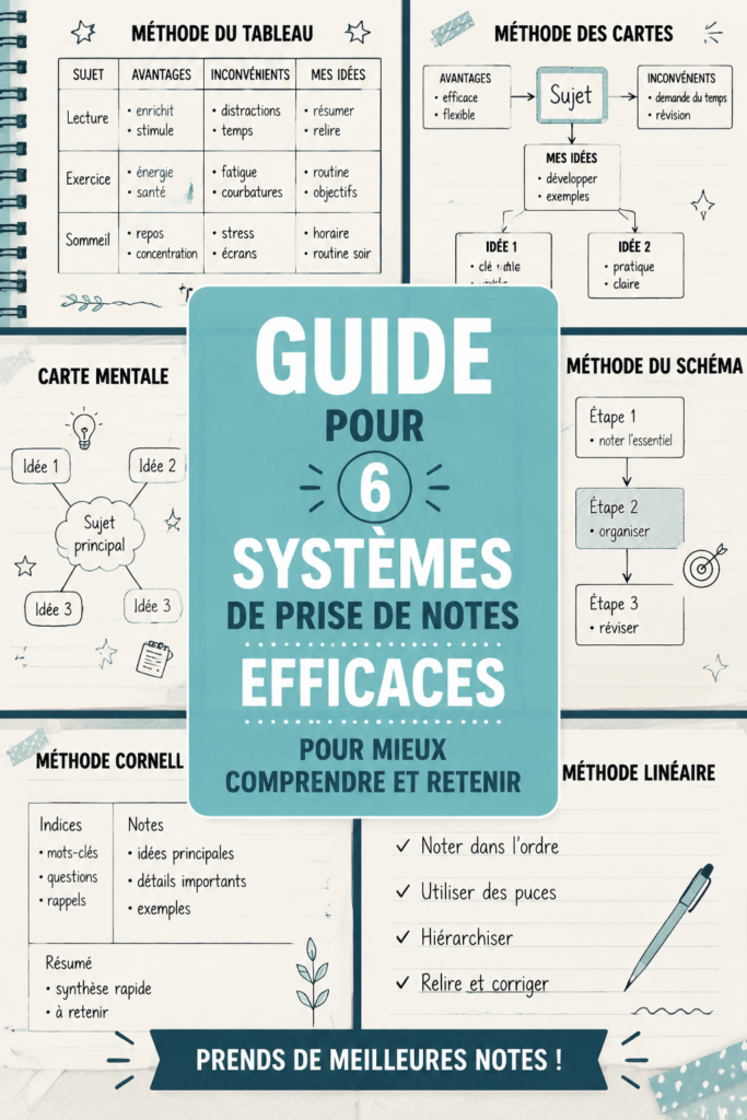Élève en train de prendre des notes lors d'une séance d'étude, illustrant différentes méthodes de prise de notes.
