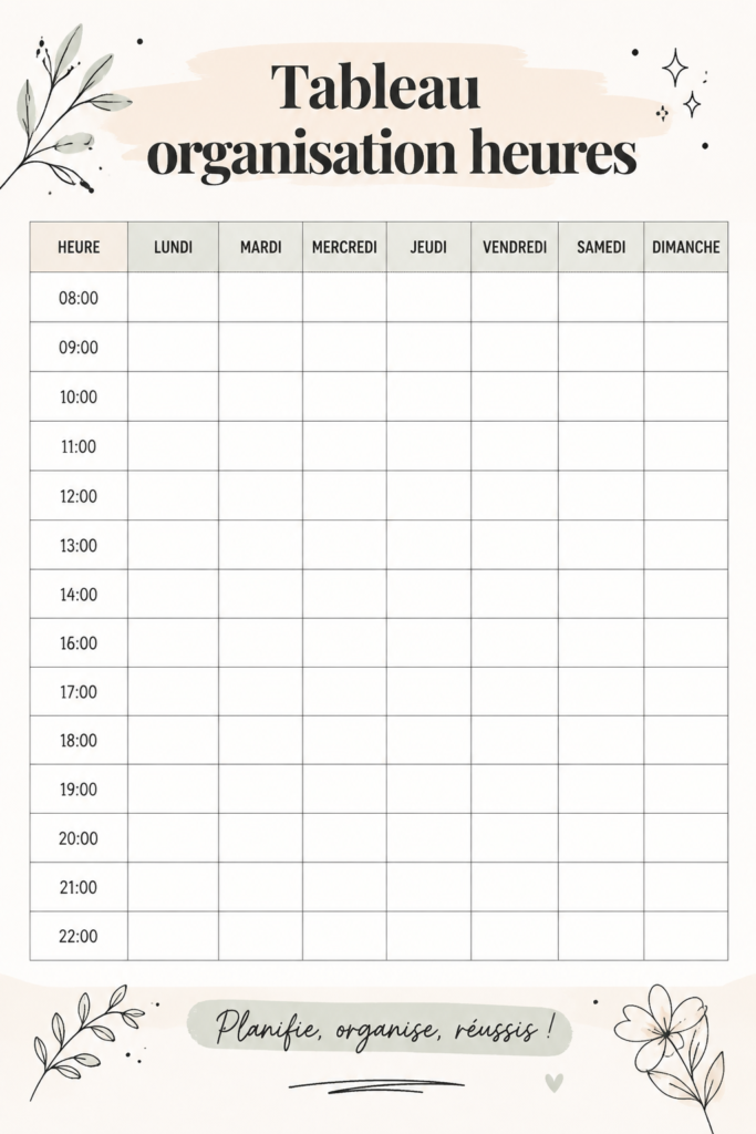 Tableau d'organisation des heures illustrant une gestion familiale efficace