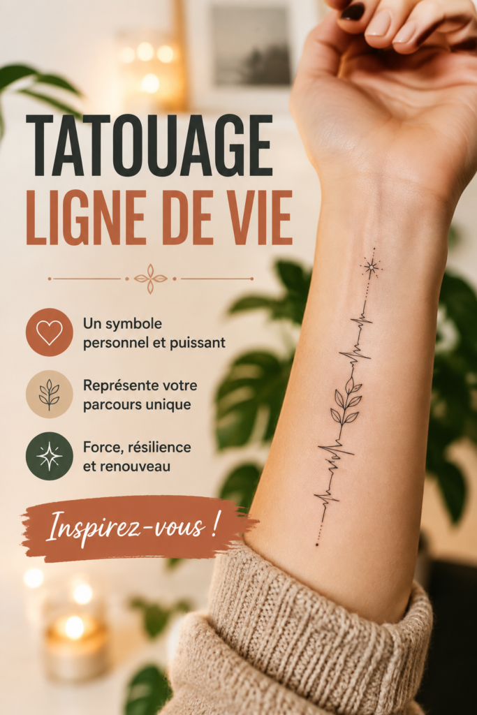 Un design de tatouage ligne de vie fluide sur un poignet.