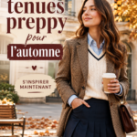 Tenues preppy pour l'automne exposées en vitrine - manteaux, pull et jupes à motifs.