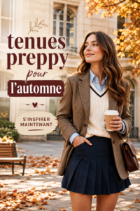 Tenues preppy pour l'automne exposées en vitrine - manteaux, pull et jupes à motifs.