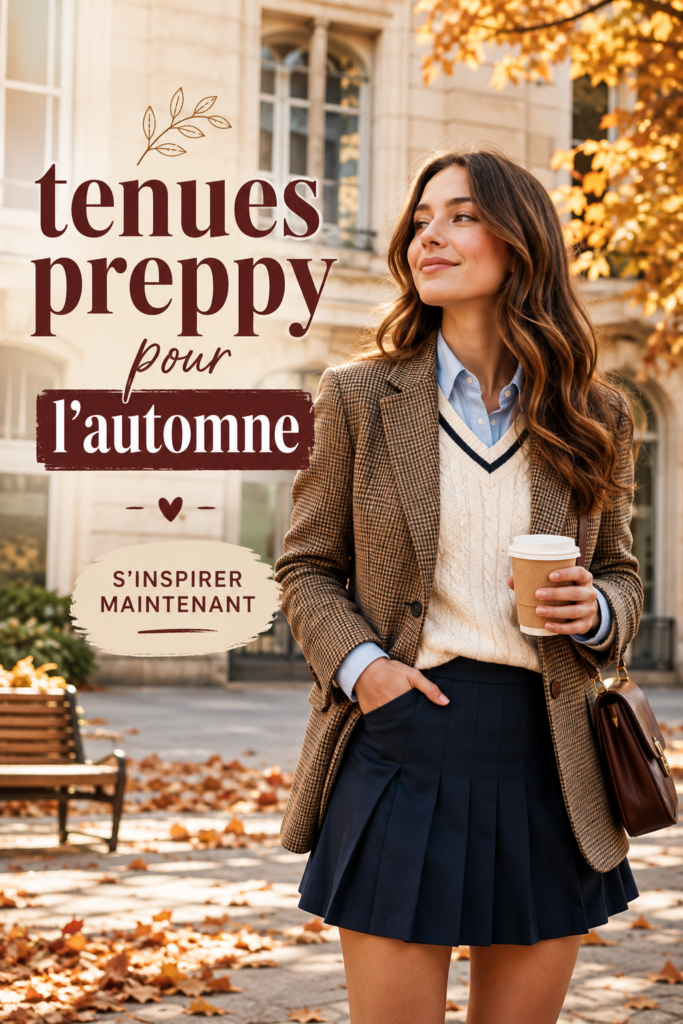 Tenues preppy pour l'automne exposées en vitrine - manteaux, pull et jupes à motifs.