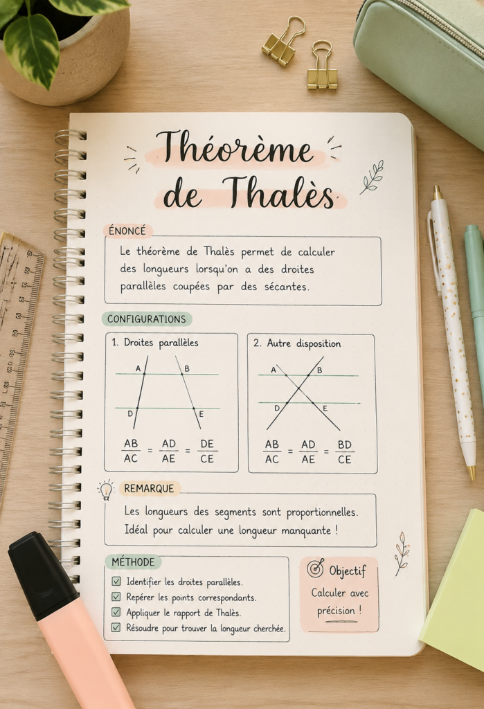 Illustration du théorème de Thalès montrant des triangles et des droites parallèles.
