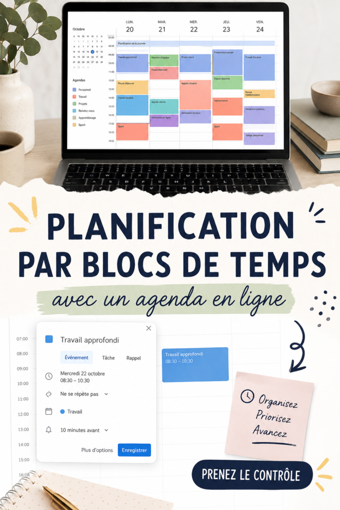 Capture d'écran de Google Calendar illustrant le time blocking pour une bonne organisation.